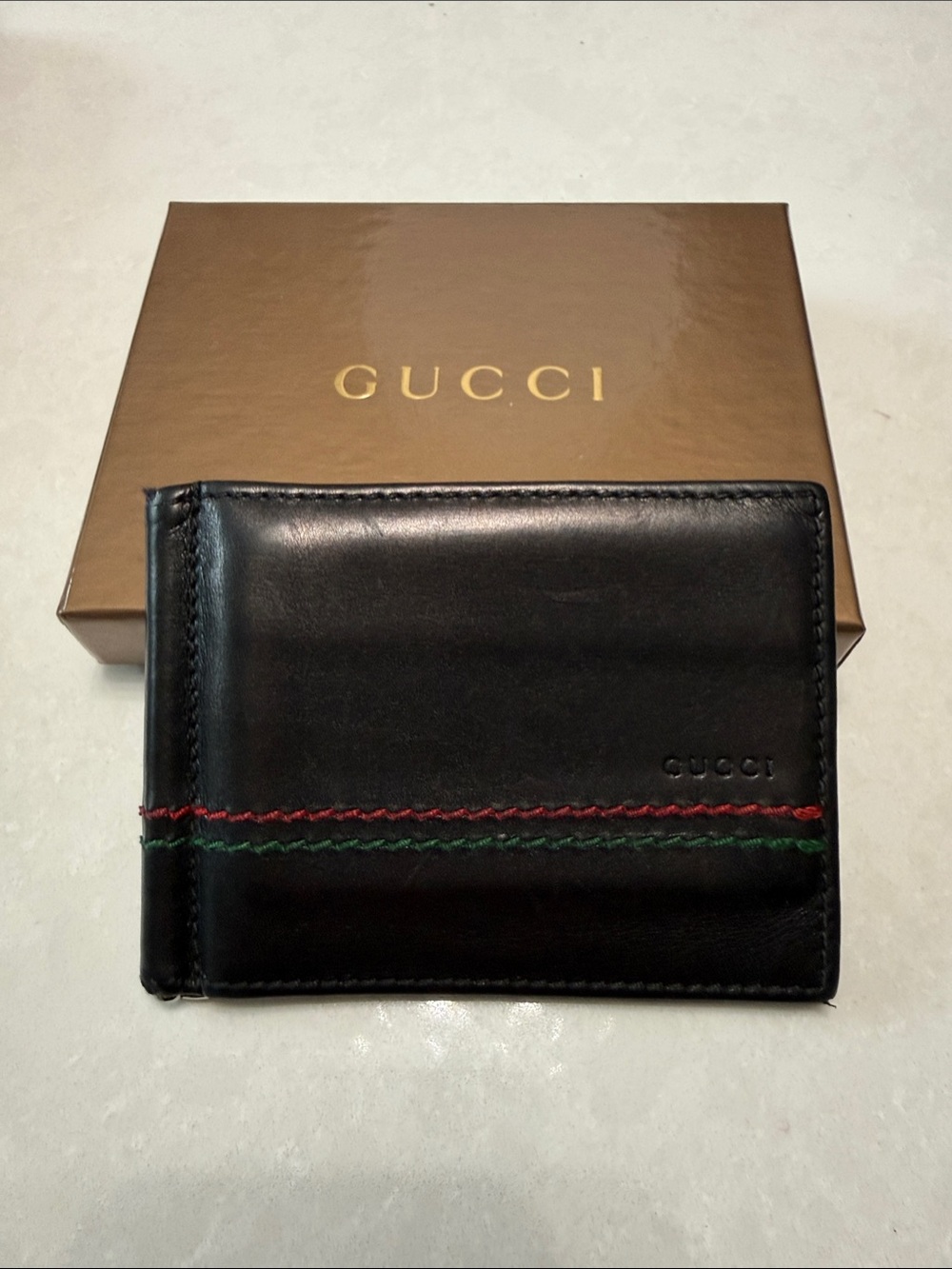 Gucci Black Leather Money Clip with Red & Green Stitching